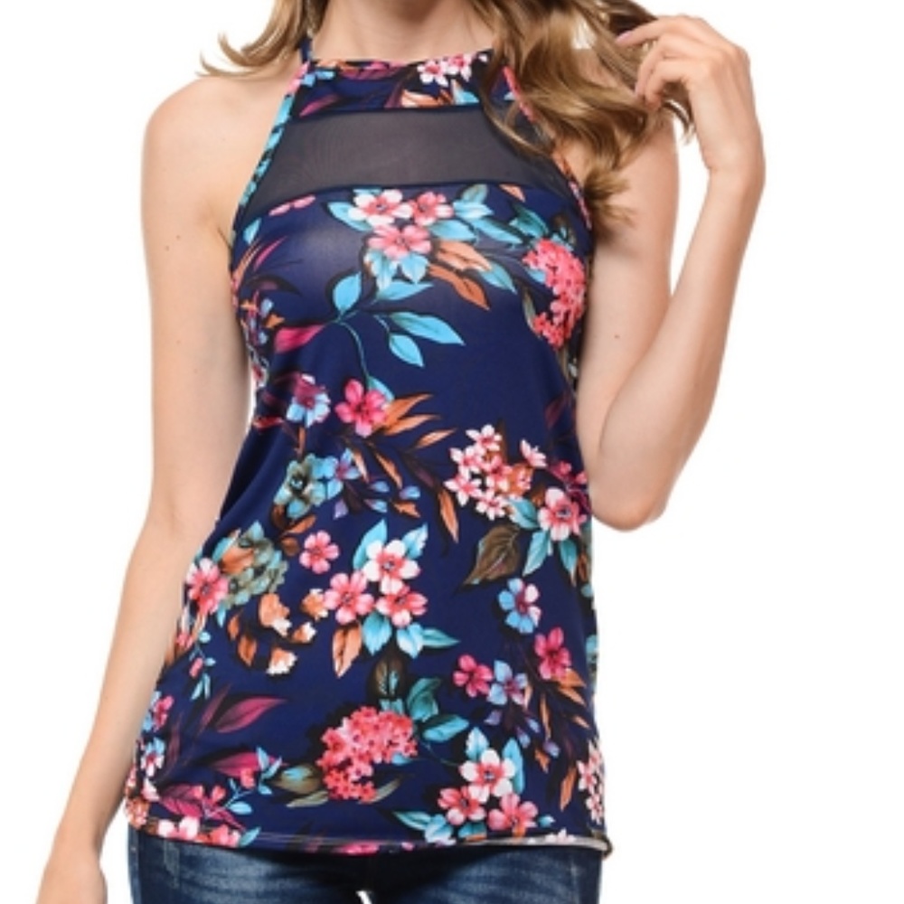 Floral Mesh-Accent Halter Top